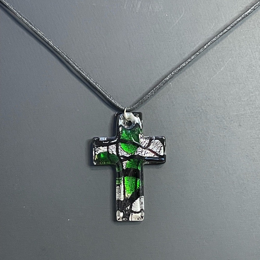 Green & Black Glass Cross Cord Pendant Necklace